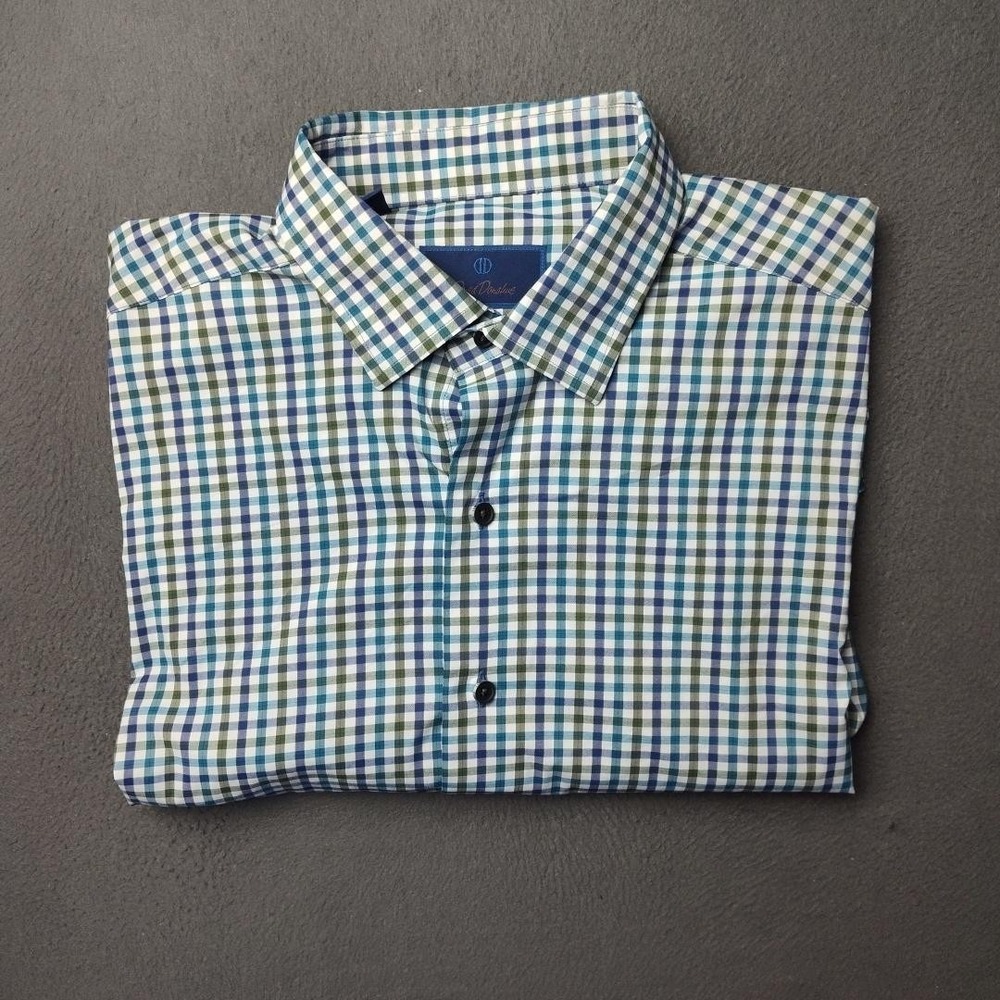 David Donahue Shirt Mens 17.5 Blue Green Gingham Fusion Performance Stretch